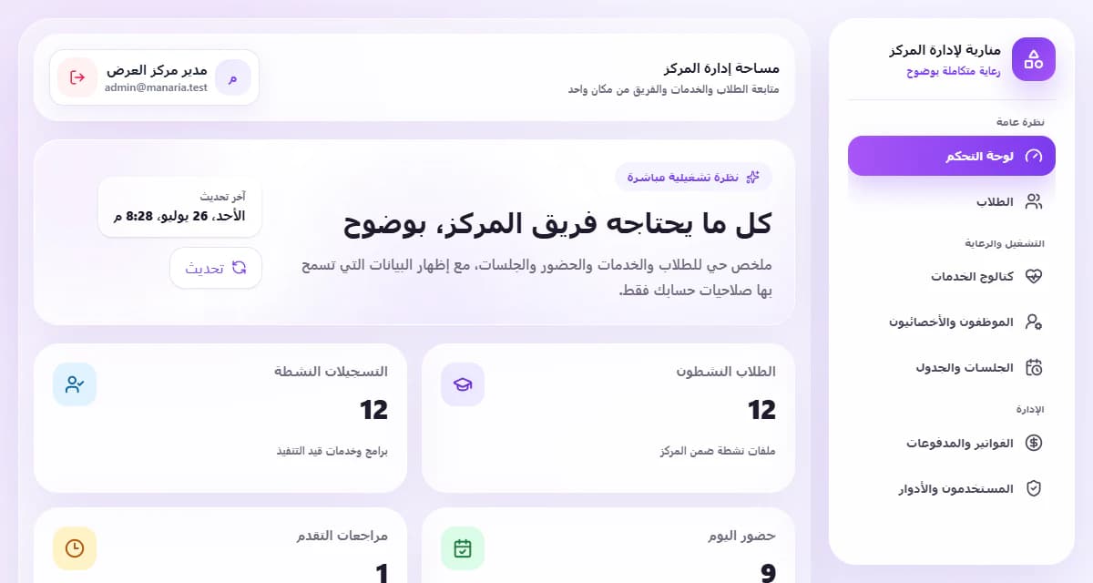 لوحة إدارة منارية تعرض ملخص الطلاب والتسجيلات والحضور والجلسات